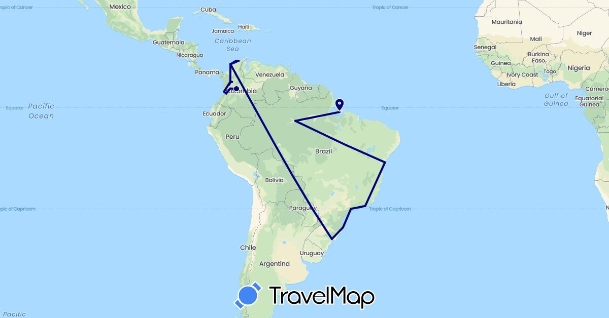 TravelMap itinerary: driving in Brazil, Colombia (South America)